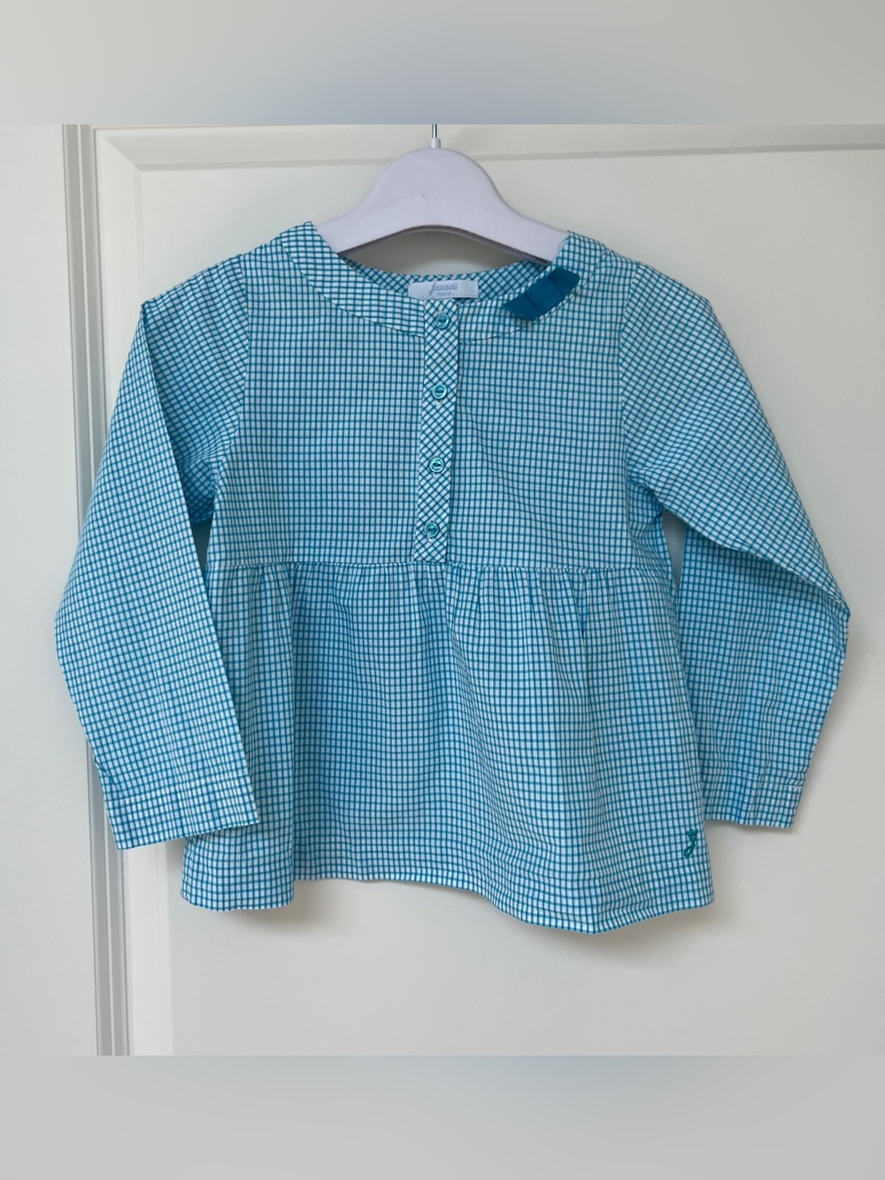 Jacadi Paris Girls Blue Gingham Blouse Empire Waist 100% Cotton - French Chic